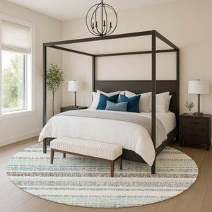 HomeRoots 8' X 10' Stylish Teal and Gray Striped Washable Area Rug with UV Protection for Busy Homes 718633