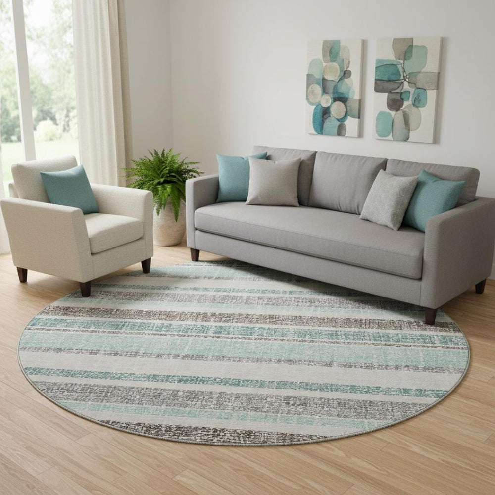 HomeRoots 8' X 10' Stylish Teal and Gray Striped Washable Area Rug with UV Protection for Busy Homes 718633