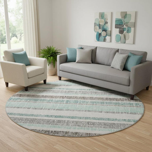 HomeRoots 8' X 10' Stylish Teal and Gray Striped Washable Area Rug with UV Protection for Busy Homes 718633