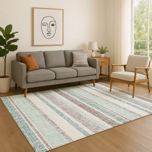 HomeRoots 9' X 12' Stylish Teal & Gray Striped Washable Area Rug with UV Protection - Durable & Easy Care! 718634