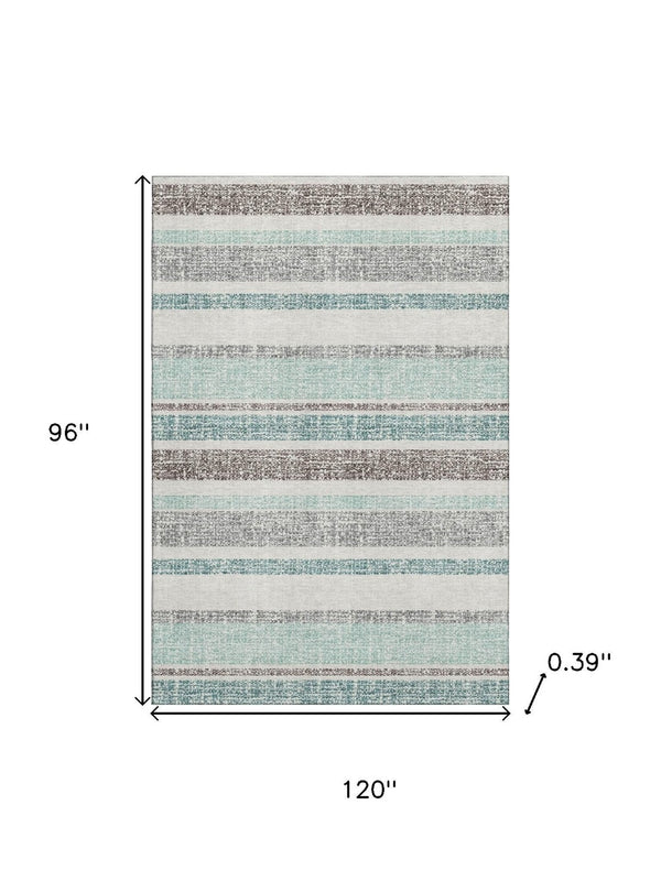 HomeRoots 9' X 12' Stylish Teal & Gray Striped Washable Area Rug with UV Protection - Durable & Easy Care! 718634