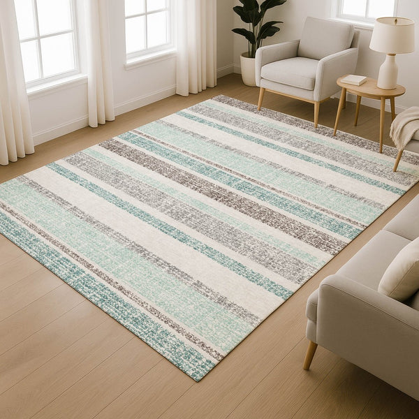 HomeRoots 9' X 12' Stylish Teal & Gray Striped Washable Area Rug with UV Protection - Durable & Easy Care! 718634