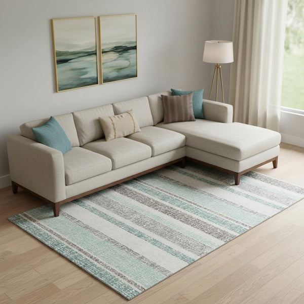 HomeRoots 9' X 12' Stylish Teal & Gray Striped Washable Area Rug with UV Protection - Durable & Easy Care! 718634