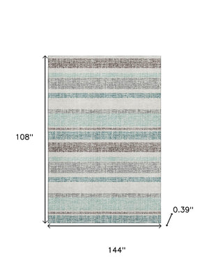 HomeRoots 10' Teal and Gray Striped Washable Area Rug - Durable, UV-Protected, Perfect for High-Traffic Spaces! 718635