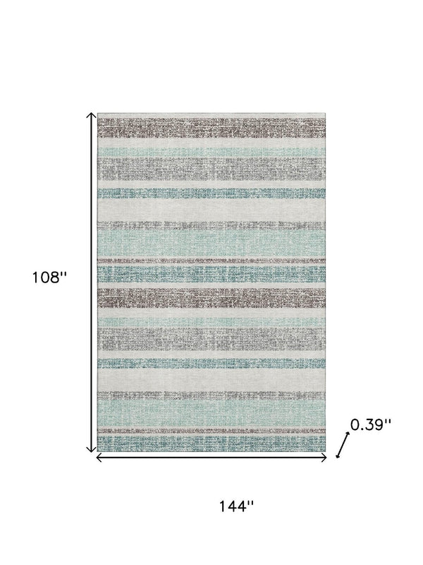 HomeRoots 10' Teal and Gray Striped Washable Area Rug - Durable, UV-Protected, Perfect for High-Traffic Spaces! 718635