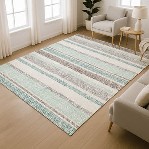 HomeRoots 10' Teal and Gray Striped Washable Area Rug - Durable, UV-Protected, Perfect for High-Traffic Spaces! 718635