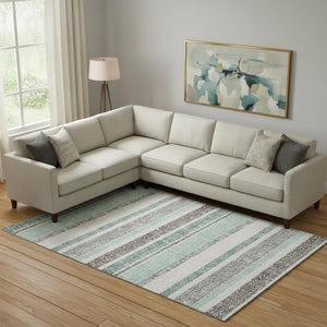 HomeRoots 10' Teal and Gray Striped Washable Area Rug - Durable, UV-Protected, Perfect for High-Traffic Spaces! 718635