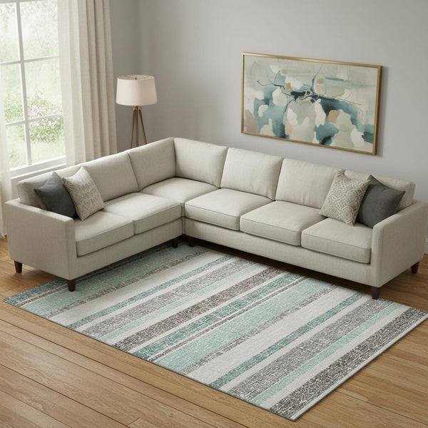 HomeRoots 10' Teal and Gray Striped Washable Area Rug - Durable, UV-Protected, Perfect for High-Traffic Spaces! 718635