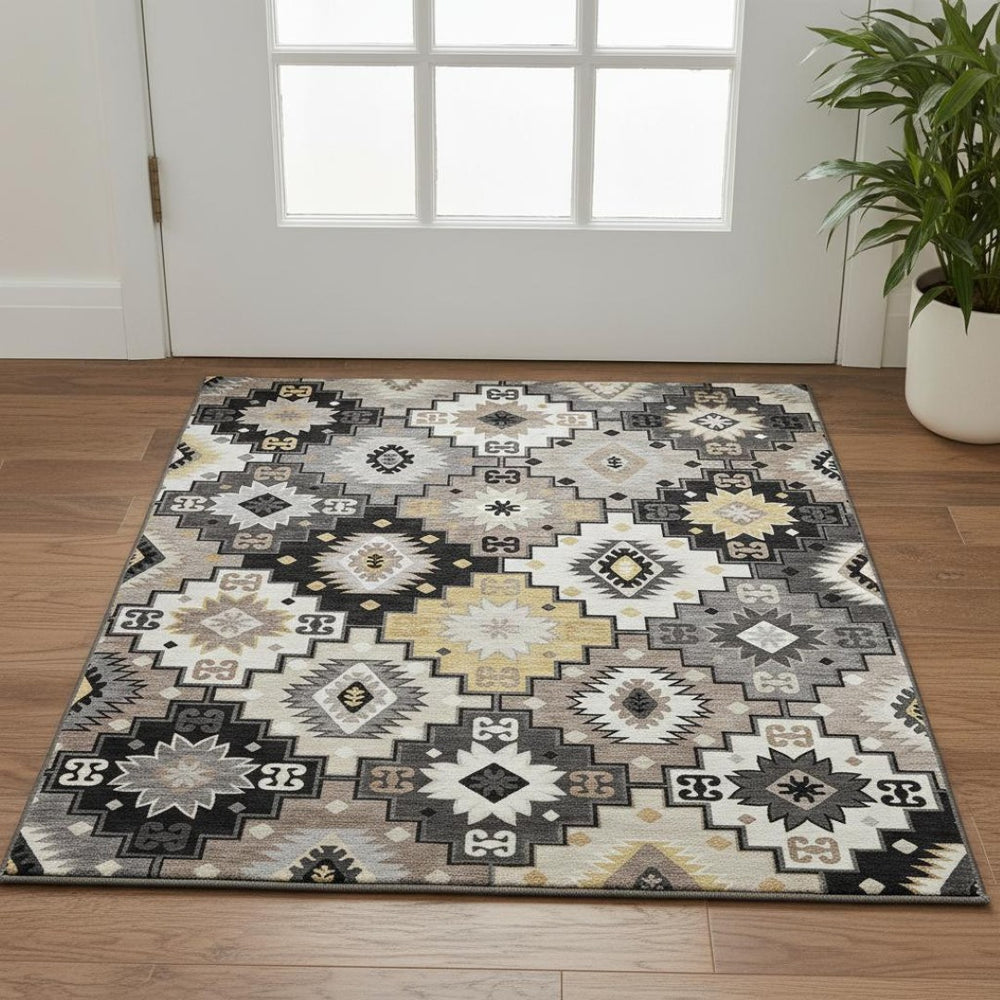 HomeRoots 5' X 8' Modern Black and Gray Geometric Area Rug - Washable, UV Protected, Non-Slip for Busy Homes 718637