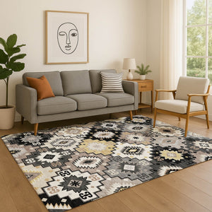 HomeRoots 10' X 14' Stylish Black and Gray Geometric Area Rug - Washable, UV-Protected, Stain-Resistant Design 718641