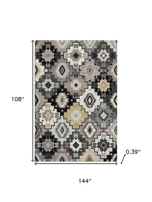 HomeRoots 10' X 14' Stylish Black and Gray Geometric Area Rug - Washable, UV-Protected, Stain-Resistant Design 718641