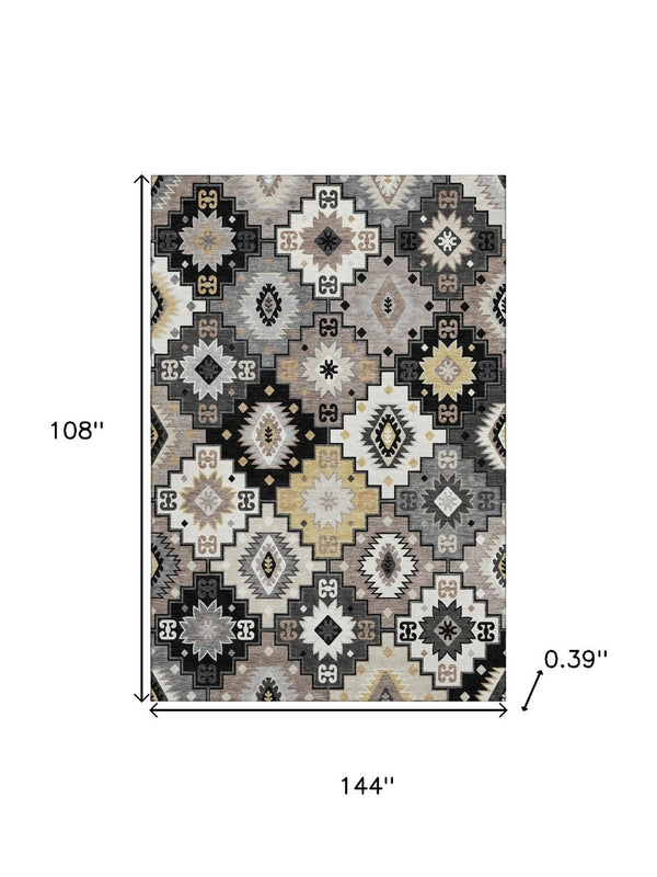 HomeRoots 10' X 14' Stylish Black and Gray Geometric Area Rug - Washable, UV-Protected, Stain-Resistant Design 718641