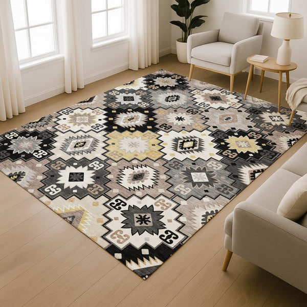 HomeRoots 10' X 14' Stylish Black and Gray Geometric Area Rug - Washable, UV-Protected, Stain-Resistant Design 718641