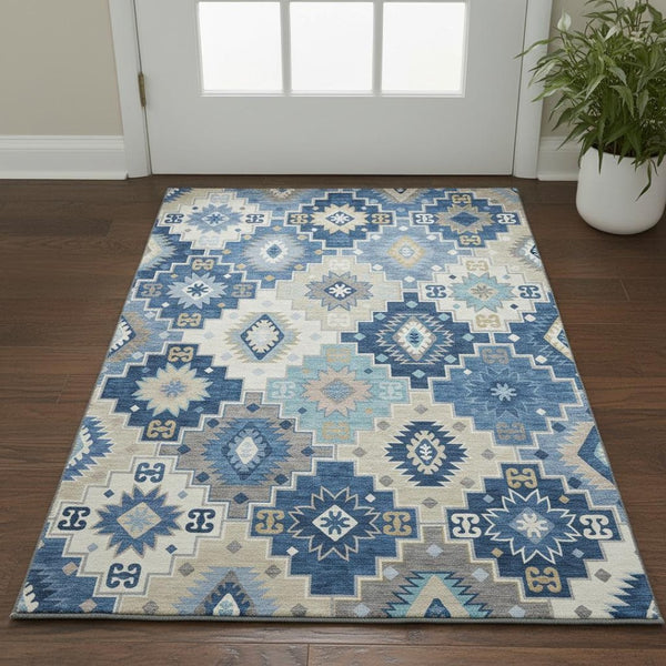HomeRoots 5' X 8' Blue & Beige Geometric Area Rug - UV Protected, Washable, Durable for Busy Homes & Pets 718643
