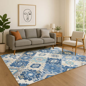 HomeRoots 8' Blue and Beige Geometric Washable Round Rug with UV Protection - Stylish, Durable, and Easy Care! 718644