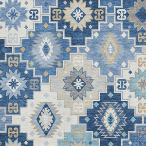 HomeRoots 8' Blue and Beige Geometric Washable Round Rug with UV Protection - Stylish, Durable, and Easy Care! 718644