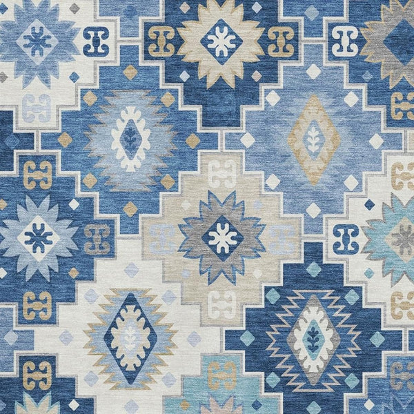 HomeRoots 8' Blue and Beige Geometric Washable Round Rug with UV Protection - Stylish, Durable, and Easy Care! 718644