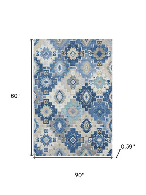 HomeRoots 8' Blue and Beige Geometric Washable Round Rug with UV Protection - Stylish, Durable, and Easy Care! 718644