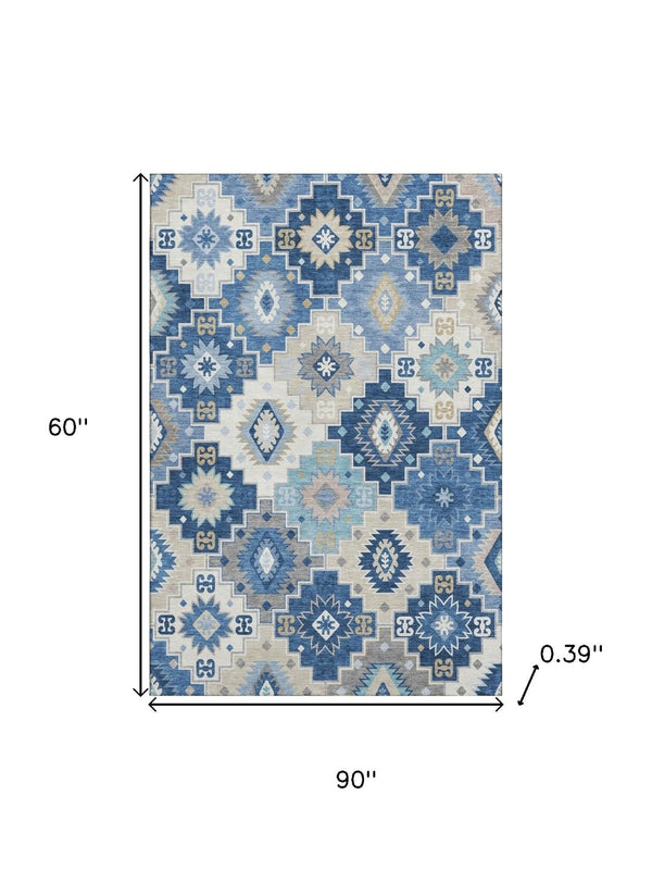 HomeRoots 8' Blue and Beige Geometric Washable Round Rug with UV Protection - Stylish, Durable, and Easy Care! 718644