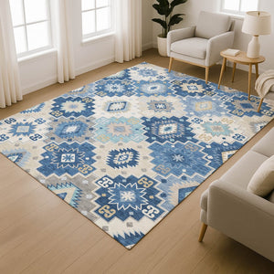 HomeRoots 8' Blue and Beige Geometric Washable Round Rug with UV Protection - Stylish, Durable, and Easy Care! 718644