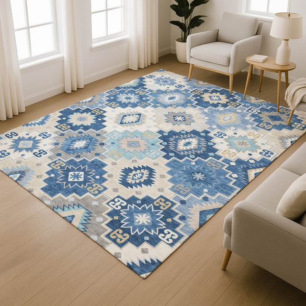 HomeRoots 8' Blue and Beige Geometric Washable Round Rug with UV Protection - Stylish, Durable, and Easy Care! 718644