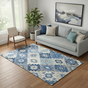HomeRoots 8' Blue and Beige Geometric Washable Round Rug with UV Protection - Stylish, Durable, and Easy Care! 718644