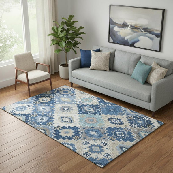 HomeRoots 8' Blue and Beige Geometric Washable Round Rug with UV Protection - Stylish, Durable, and Easy Care! 718644