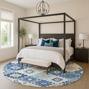 HomeRoots 8' X 10' Stylish Blue & Beige Geometric Area Rug - Washable, UV Protected, Kids & Pets Friendly! 718645