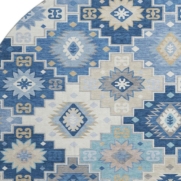 HomeRoots 8' X 10' Stylish Blue & Beige Geometric Area Rug - Washable, UV Protected, Kids & Pets Friendly! 718645