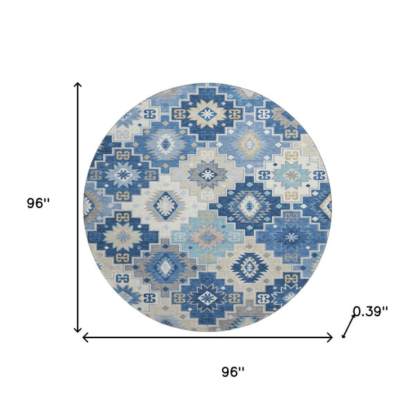 HomeRoots 8' X 10' Stylish Blue & Beige Geometric Area Rug - Washable, UV Protected, Kids & Pets Friendly! 718645