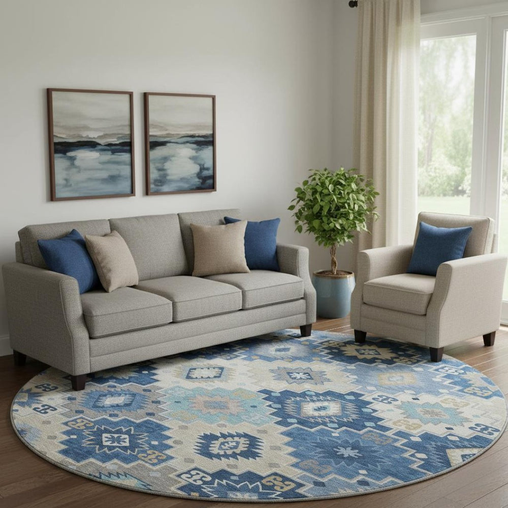 HomeRoots 8' X 10' Stylish Blue & Beige Geometric Area Rug - Washable, UV Protected, Kids & Pets Friendly! 718645