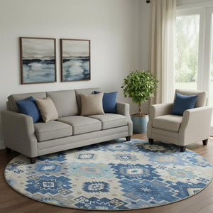 HomeRoots 8' X 10' Stylish Blue & Beige Geometric Area Rug - Washable, UV Protected, Kids & Pets Friendly! 718645