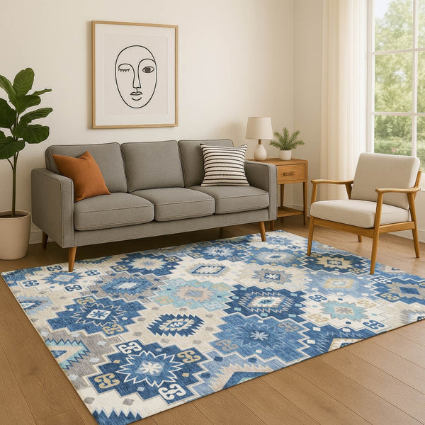 HomeRoots 9' X 12' Blue and Beige Geometric Area Rug - Washable, UV Protected, Durable for High-Traffic Spaces 718646