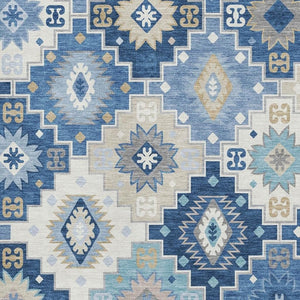 HomeRoots 9' X 12' Blue and Beige Geometric Area Rug - Washable, UV Protected, Durable for High-Traffic Spaces 718646