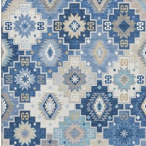 HomeRoots 9' X 12' Blue and Beige Geometric Area Rug - Washable, UV Protected, Durable for High-Traffic Spaces 718646