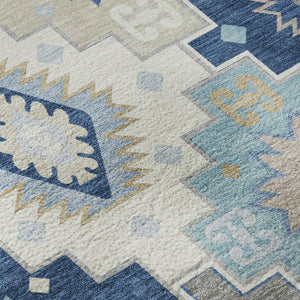 HomeRoots 9' X 12' Blue and Beige Geometric Area Rug - Washable, UV Protected, Durable for High-Traffic Spaces 718646