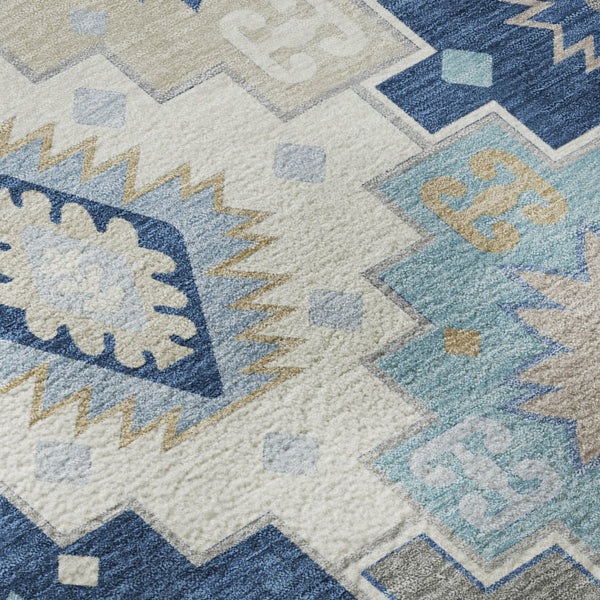 HomeRoots 9' X 12' Blue and Beige Geometric Area Rug - Washable, UV Protected, Durable for High-Traffic Spaces 718646