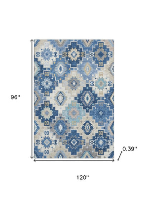 HomeRoots 9' X 12' Blue and Beige Geometric Area Rug - Washable, UV Protected, Durable for High-Traffic Spaces 718646