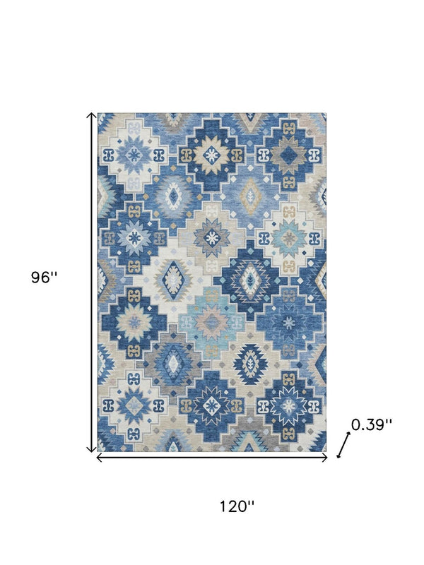 HomeRoots 9' X 12' Blue and Beige Geometric Area Rug - Washable, UV Protected, Durable for High-Traffic Spaces 718646