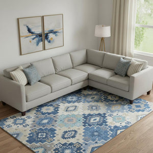 HomeRoots 9' X 12' Blue and Beige Geometric Area Rug - Washable, UV Protected, Durable for High-Traffic Spaces 718646