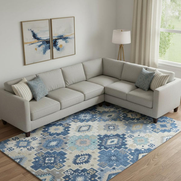 HomeRoots 9' X 12' Blue and Beige Geometric Area Rug - Washable, UV Protected, Durable for High-Traffic Spaces 718646