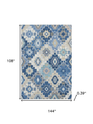 HomeRoots 10' Blue and Beige Geometric Area Rug - Washable, UV-Protected, Non-Slip for High-Traffic Spaces! 718647