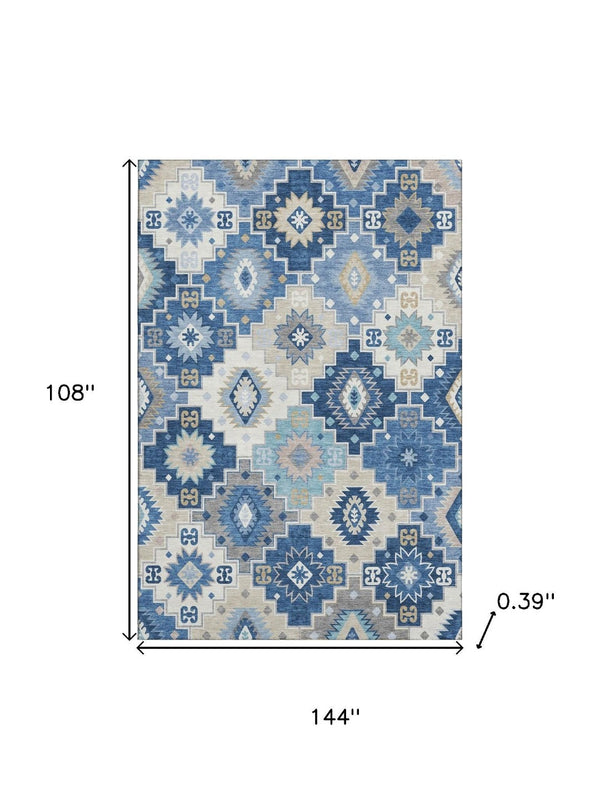 HomeRoots 10' Blue and Beige Geometric Area Rug - Washable, UV-Protected, Non-Slip for High-Traffic Spaces! 718647