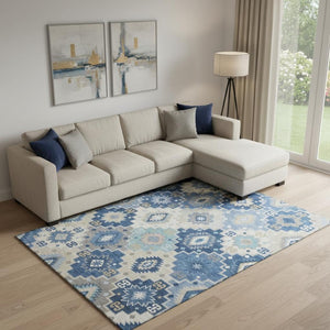 HomeRoots 10' Blue and Beige Geometric Area Rug - Washable, UV-Protected, Non-Slip for High-Traffic Spaces! 718647