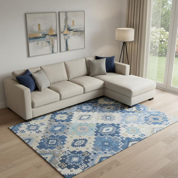 HomeRoots 10' Blue and Beige Geometric Area Rug - Washable, UV-Protected, Non-Slip for High-Traffic Spaces! 718647