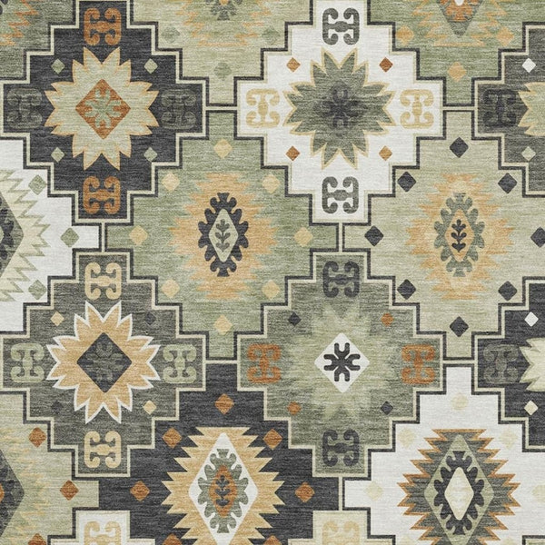 HomeRoots 5' X 8' Modern Fern Green & Gold Geometric Area Rug - Washable, UV Protection, Family-Friendly Design 718649