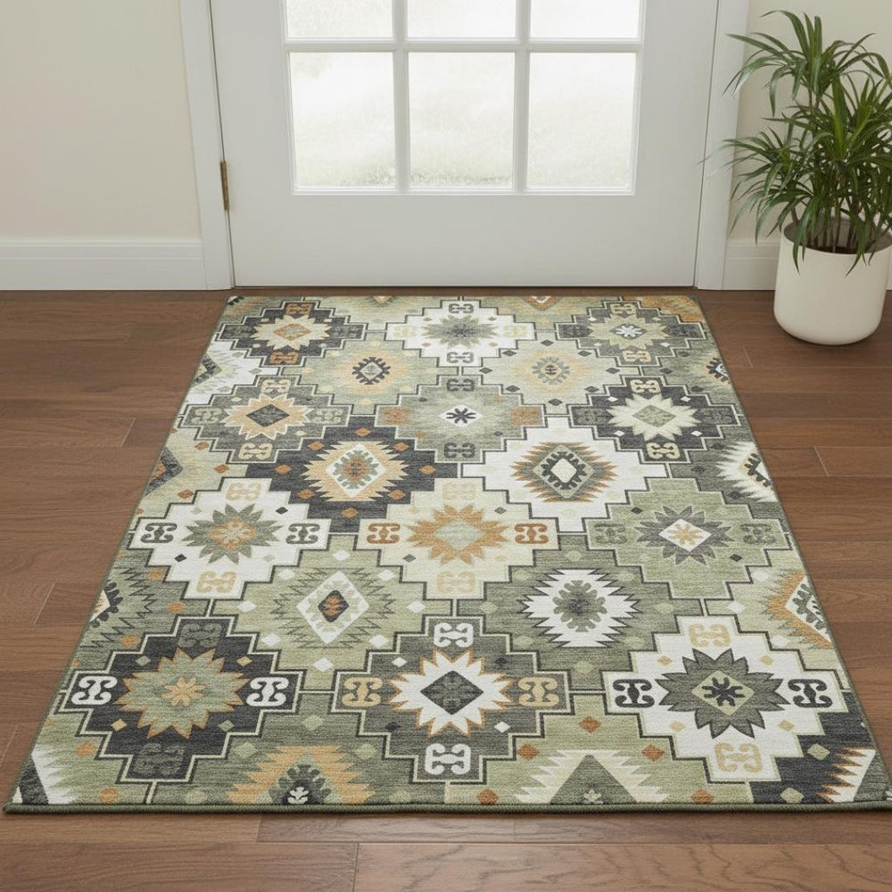 HomeRoots 5' X 8' Modern Fern Green & Gold Geometric Area Rug - Washable, UV Protection, Family-Friendly Design 718649