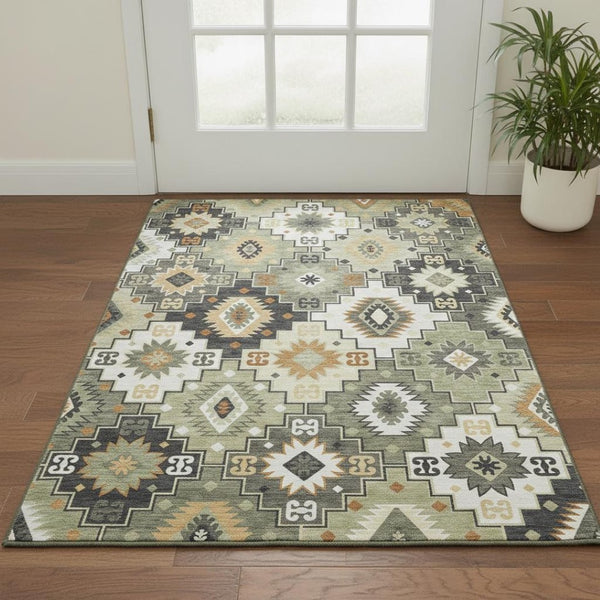 HomeRoots 5' X 8' Modern Fern Green & Gold Geometric Area Rug - Washable, UV Protection, Family-Friendly Design 718649
