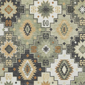 HomeRoots 8' Fern Green and Gold Geometric Washable Round Rug - Durable, UV-Protected, Easy-Clean Design 718650