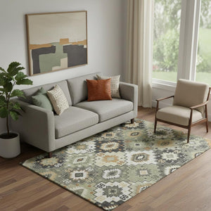HomeRoots 8' Fern Green and Gold Geometric Washable Round Rug - Durable, UV-Protected, Easy-Clean Design 718650